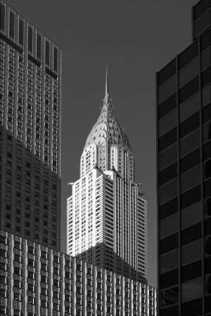 Black and white photograph of the Chrysler building in New York City