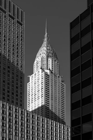 Black and white photograph of the Chrysler building in New York City