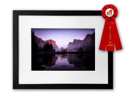 Framed photograph of Yosemite Mists with 2nd place award ribbon