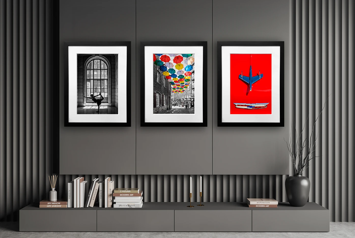Stylish modern room with three framed fine art photographs