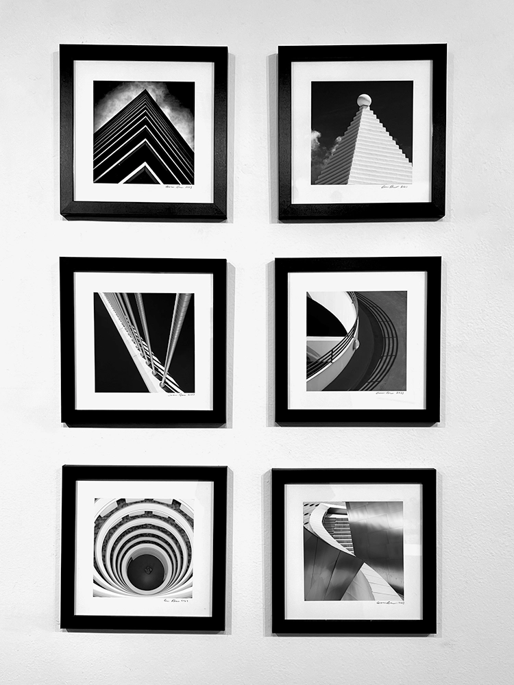 Framed black and white photographs for the small works show at TAG